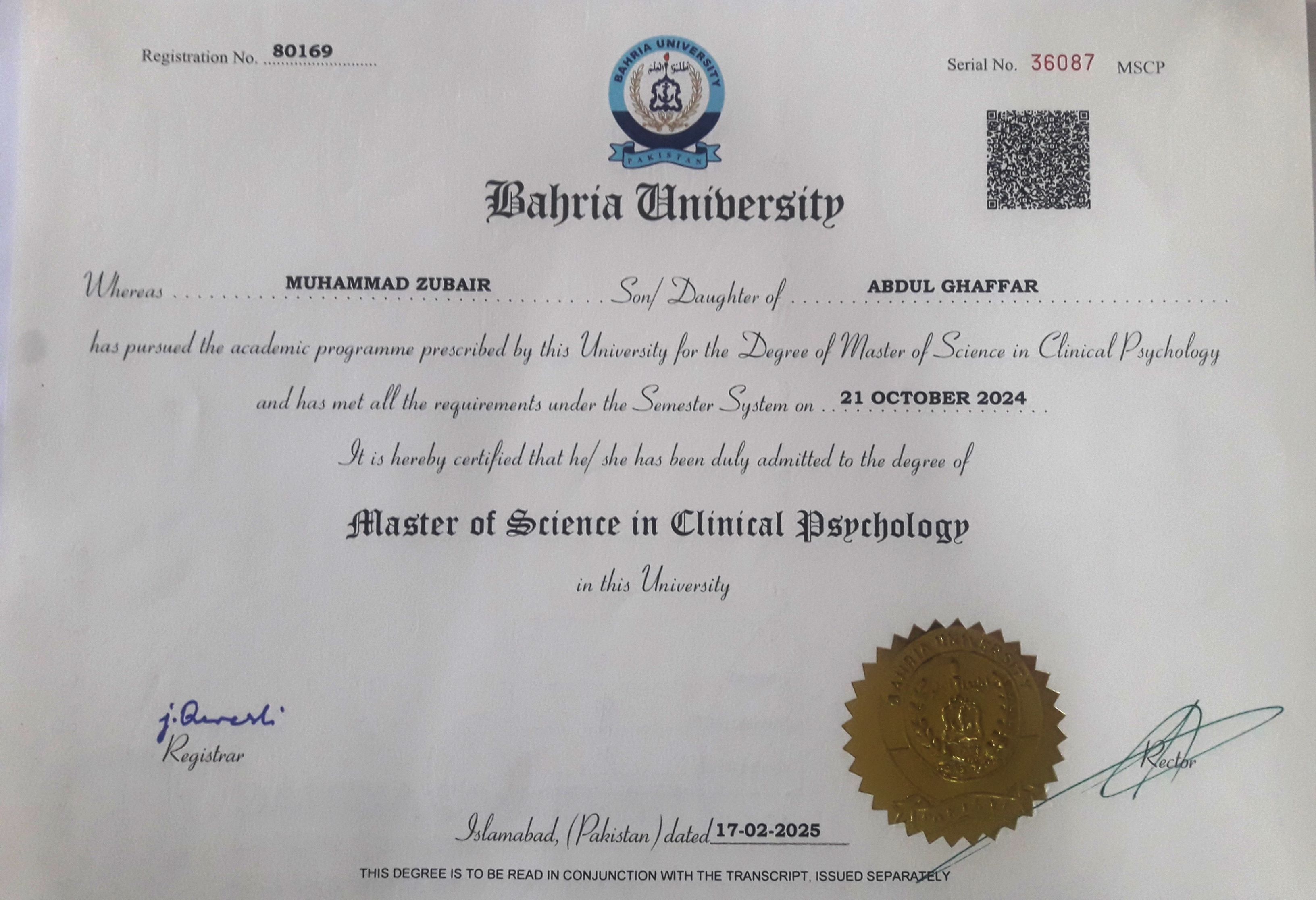 MS Clinical Psychology Degree Certificate